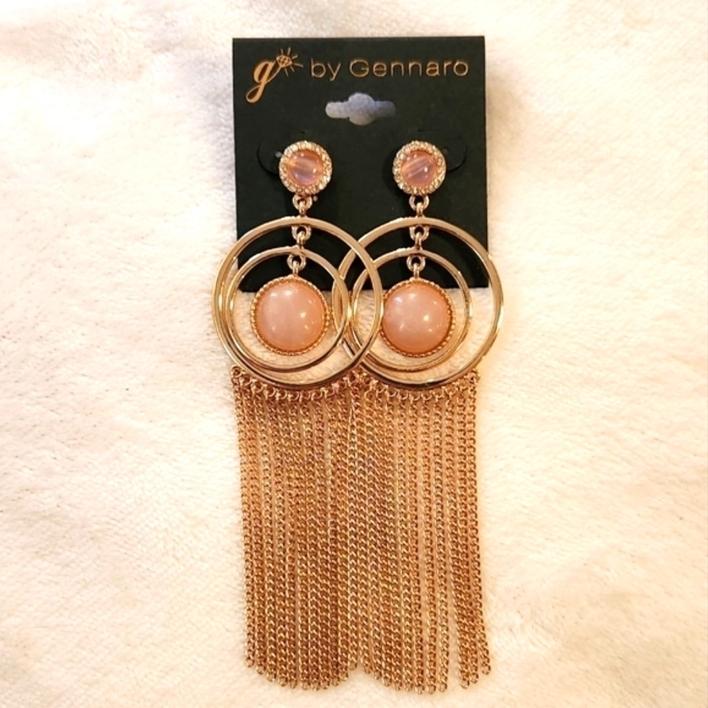 g by Gennaro Large Multi Hoop Gold Tone & Pink Center Fringe Statement Earrings